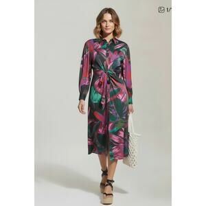 Farm Rio Midnight Leaves Belted Midi Shirtdress Womens Size M NWT